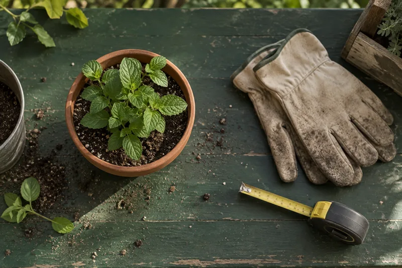 Gardening gloves and measuring tape beside a potted plant